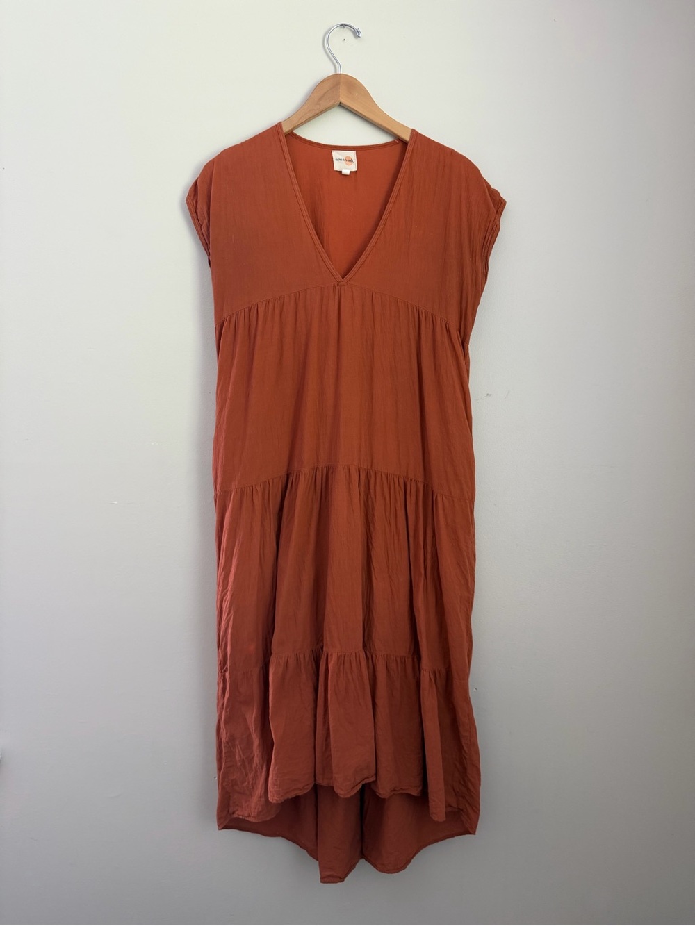 Rust Tiered V-Neck Midi Dress